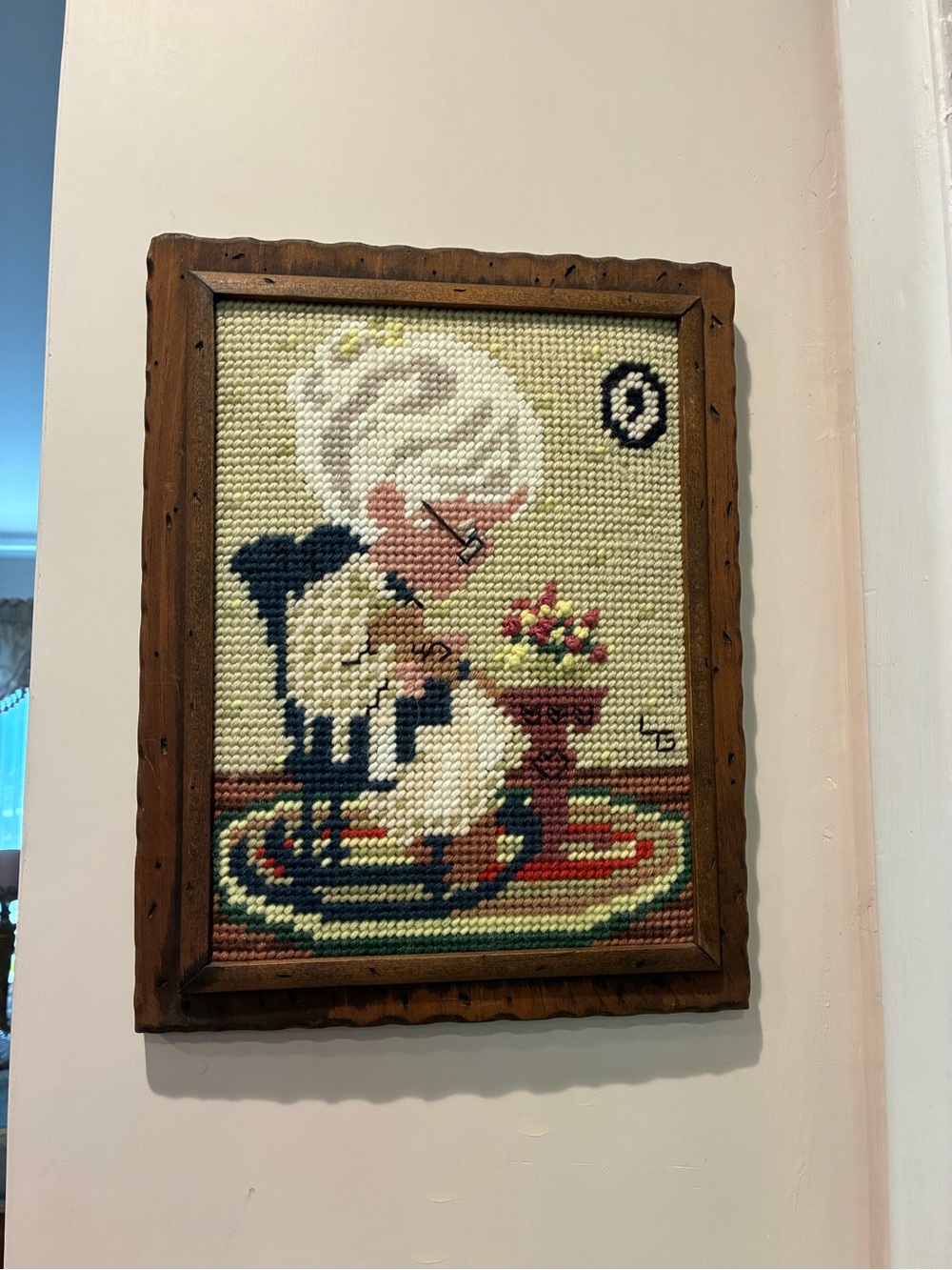 Vintage Framed Needlepoint Grandmother- Cream & Navy Accents